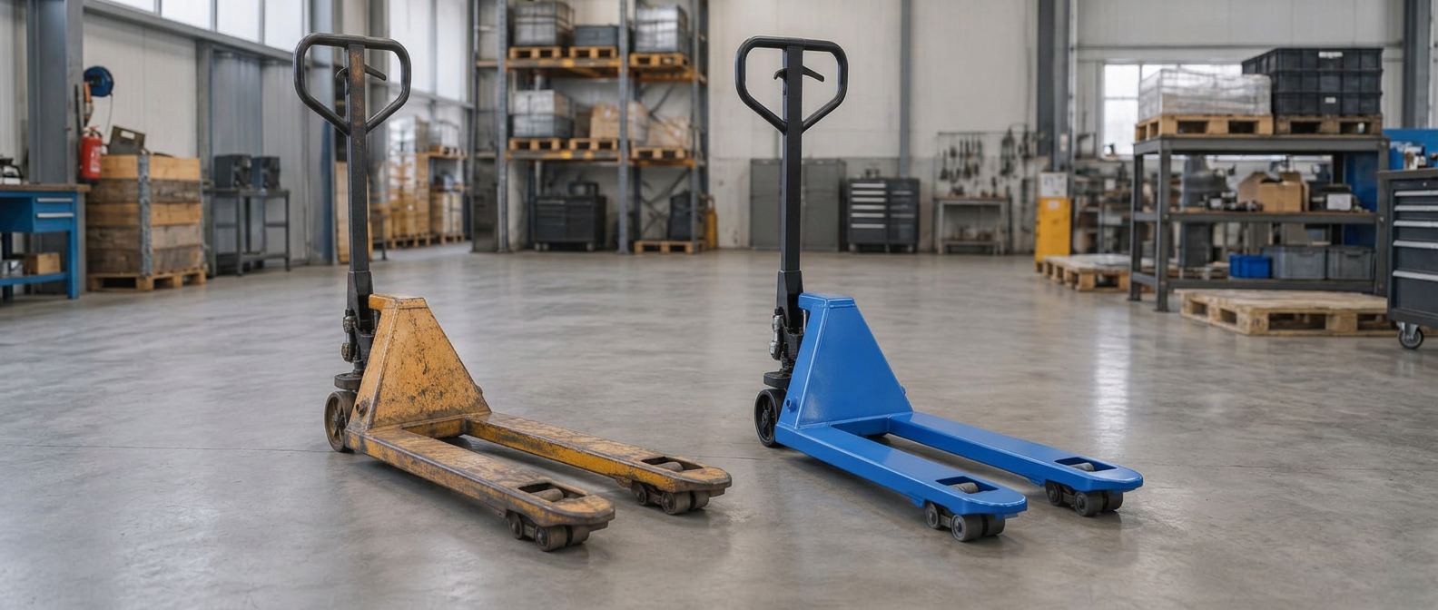 Paleteira amarela desgastada e enferrujada antes do serviço ao lado da mesma paleteira restaurada, limpa e pintada de azul